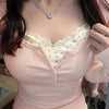 Sweet Floral Lace Long Sleeve Fake Two-Piece Top for Women