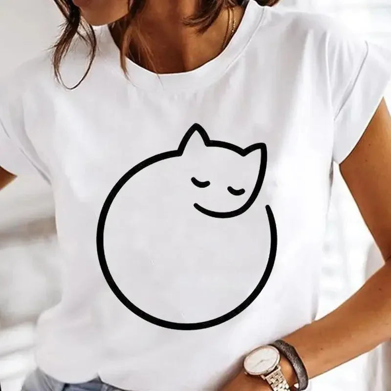 Women's White Black Cat Print Short Sleeve T-Shirt