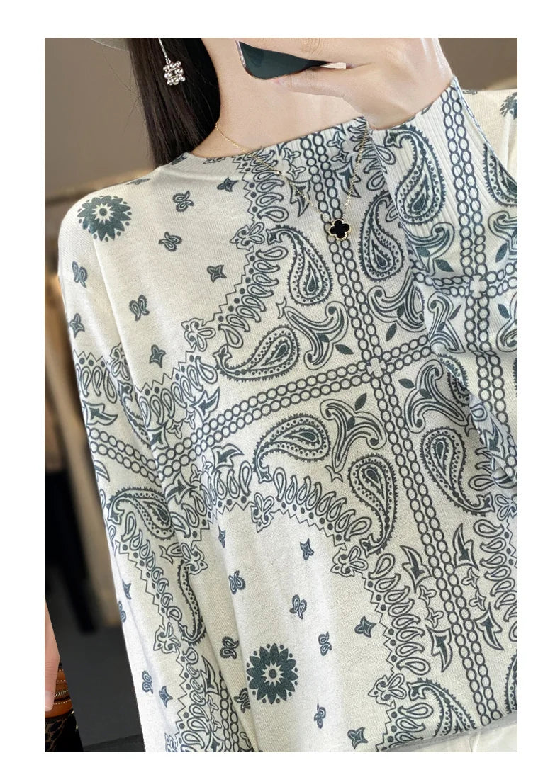 Women’s Wool & Silk Printed Sweater – Loose Fit Round Neck Knit Top