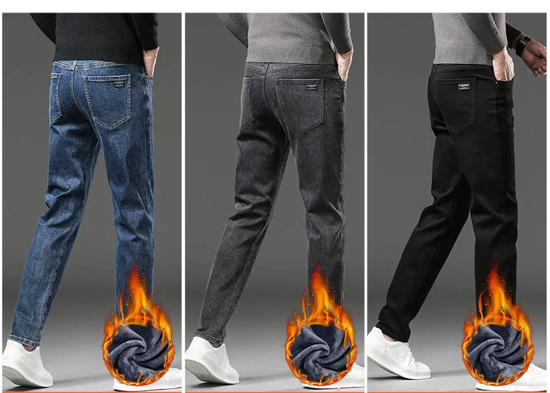 Men’s Winter Fleece-Lined Jeans – Thick Warm Slim Straight Elastic Denim Pants