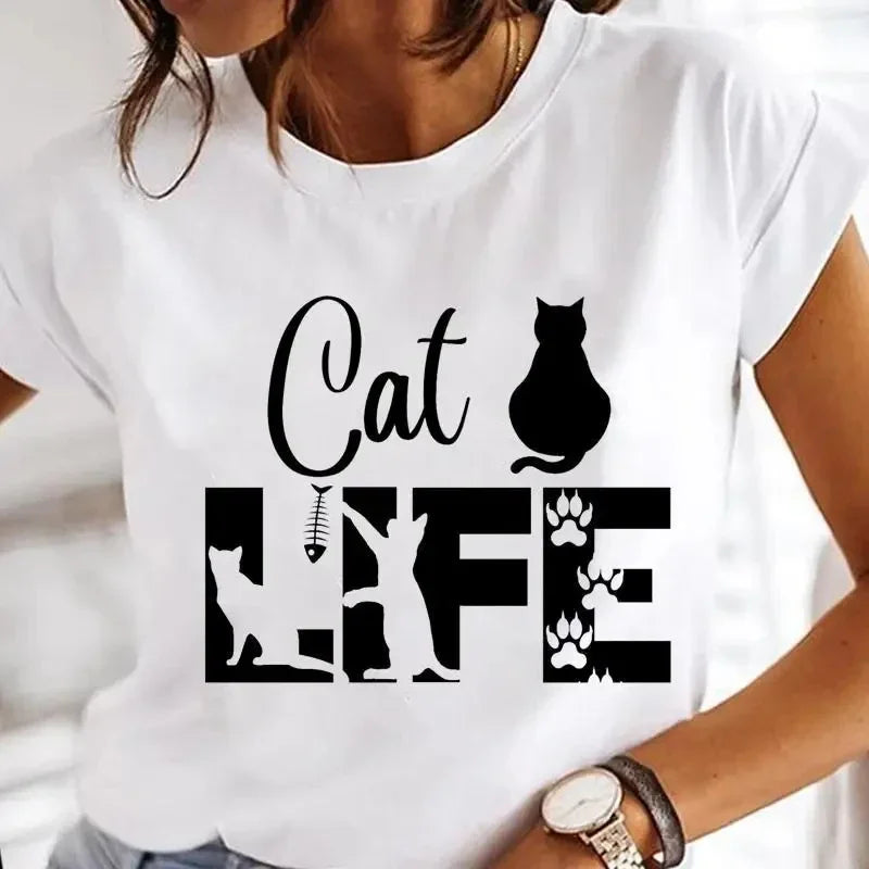Women's White Black Cat Print Short Sleeve T-Shirt