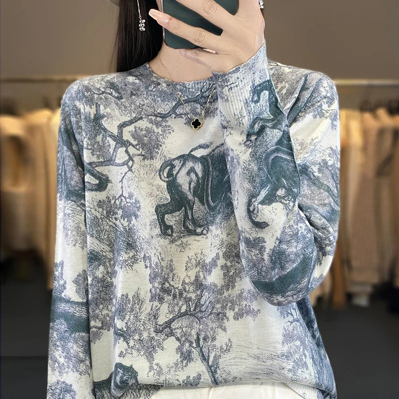 Women’s Wool & Silk Printed Sweater – Loose Fit Round Neck Knit Top