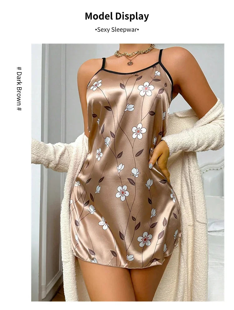 Floral Satin Sleeveless Nightgown for Women