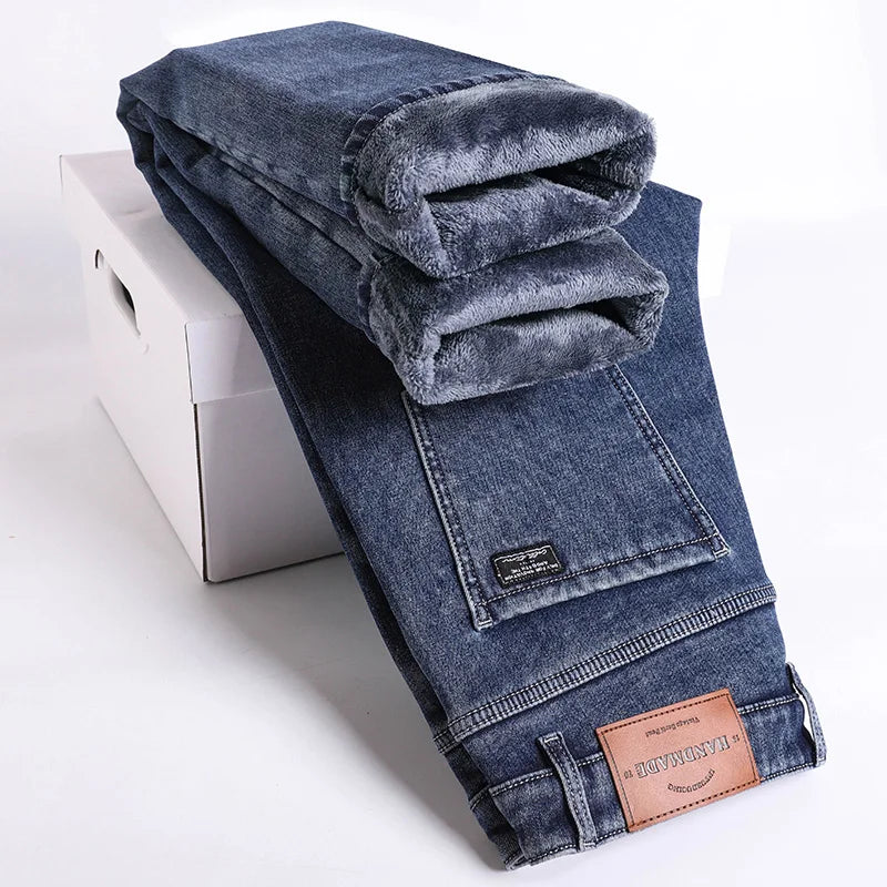 Men’s Winter Fleece-Lined Jeans – Thick Warm Slim Straight Elastic Denim Pants