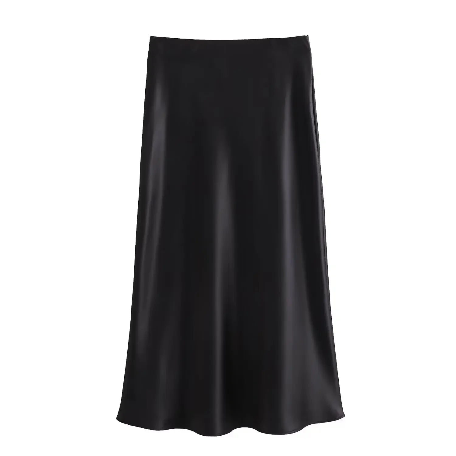 Willshela 2024 Black Satin Midi Skirt – High Waist Elegant Long Skirt for Women