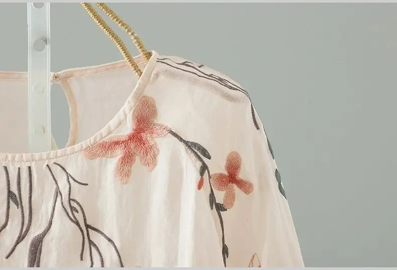 Women's Cotton Linen Embroidered Top – Summer Loose Fit T-Shirt with 3/4 Sleeves