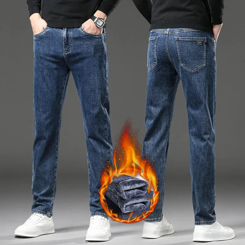 Men’s Winter Fleece-Lined Jeans – Thick Warm Slim Straight Elastic Denim Pants