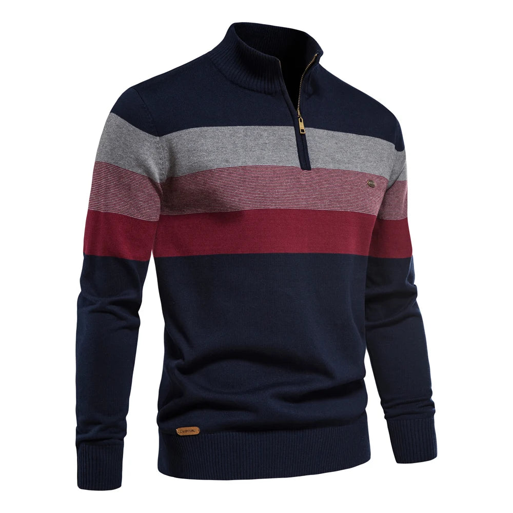 Men’s Patchwork Pullover Sweater – Cotton Mock Neck with Zipper