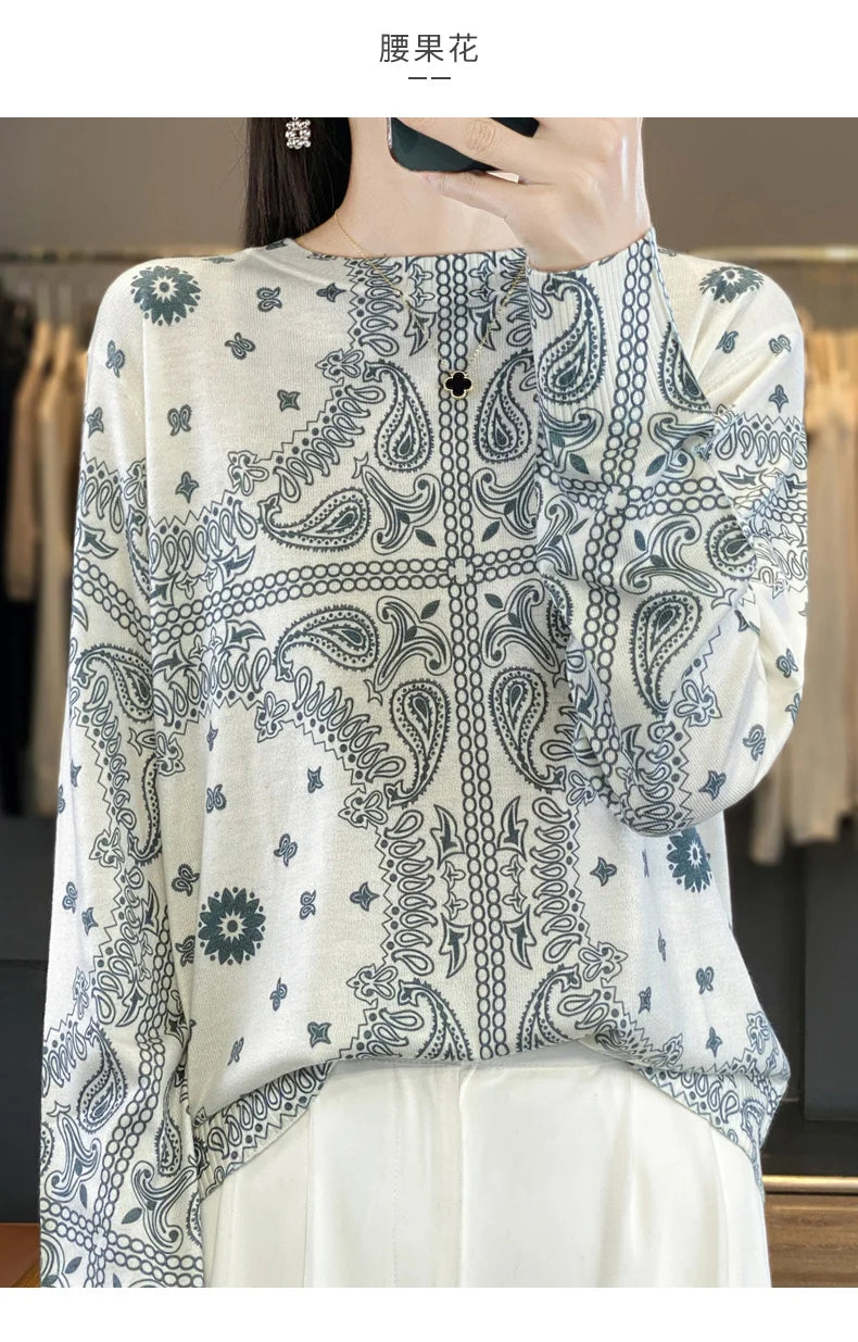 Women’s Wool & Silk Printed Sweater – Loose Fit Round Neck Knit Top