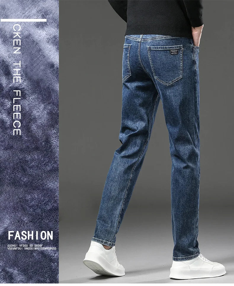 Men’s Winter Fleece-Lined Jeans – Thick Warm Slim Straight Elastic Denim Pants