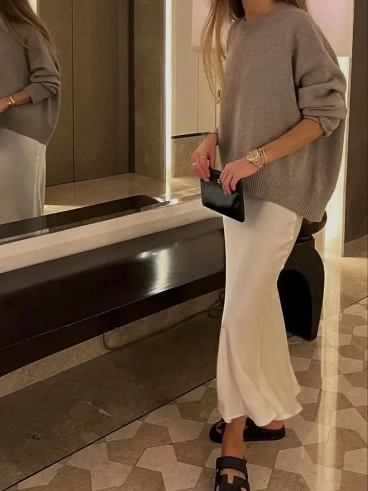 Willshela 2024 Black Satin Midi Skirt – High Waist Elegant Long Skirt for Women