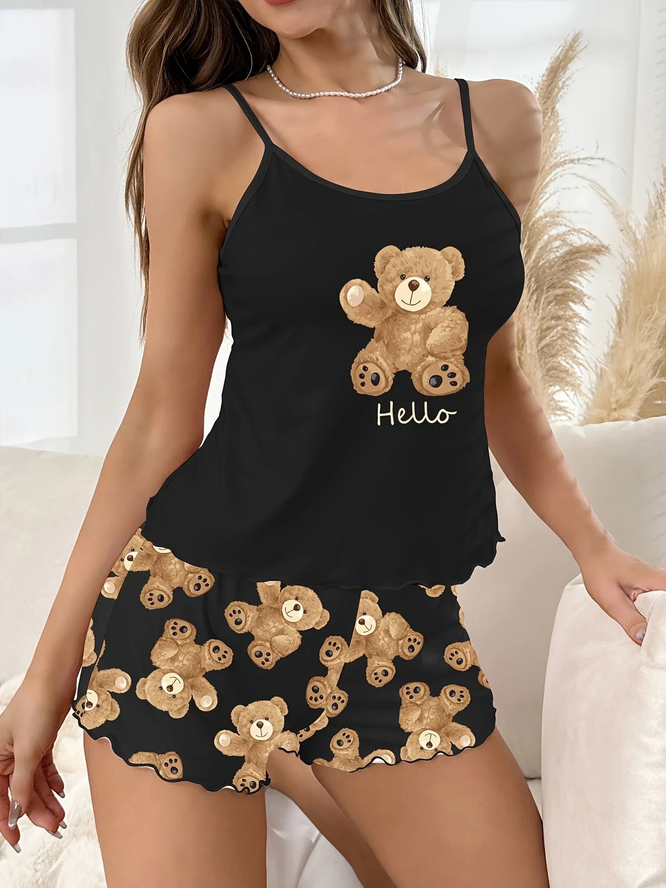 Women’s Summer Black Bear Print Pajama Set