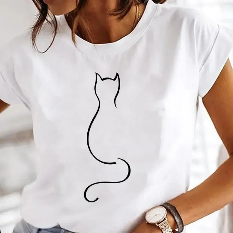 Women's White Black Cat Print Short Sleeve T-Shirt