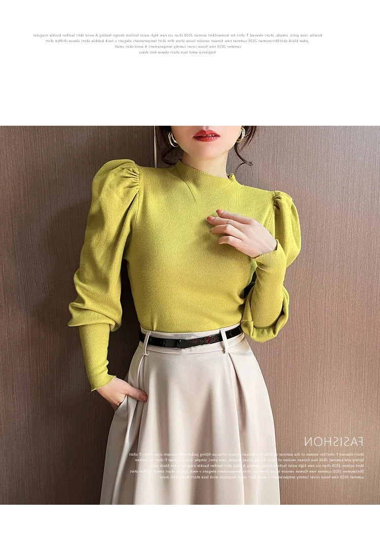 Women’s Puff Sleeve Turtleneck Slim Fit Sweater
