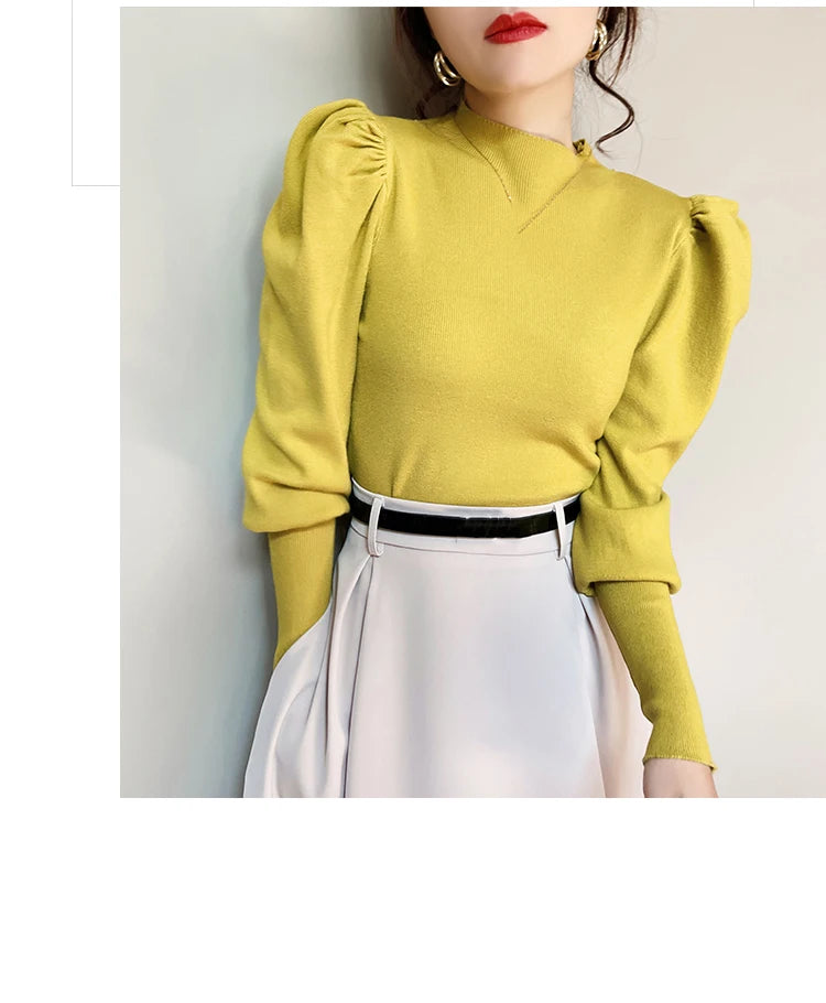 Women’s Puff Sleeve Turtleneck Slim Fit Sweater