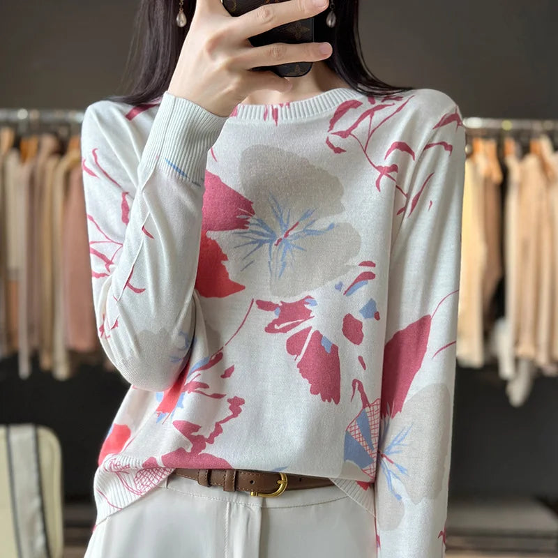 Women’s Wool & Silk Printed Sweater – Loose Fit Round Neck Knit Top