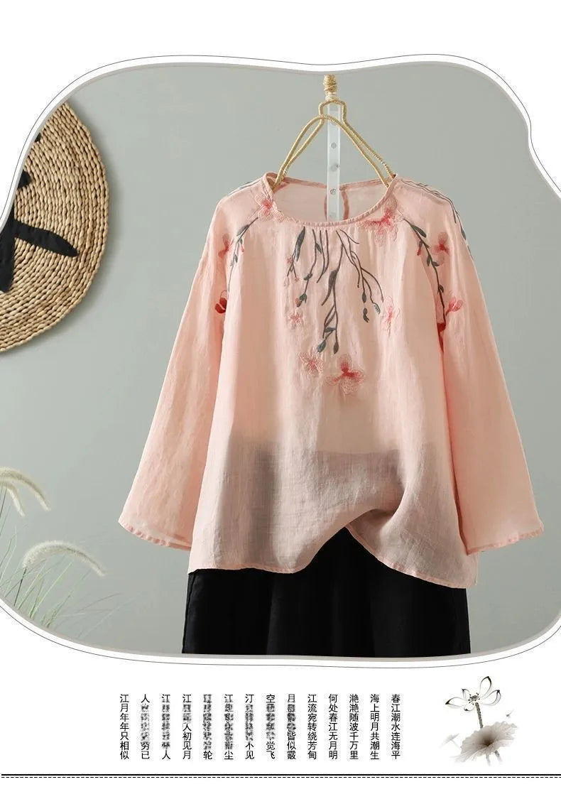 Women's Cotton Linen Embroidered Top – Summer Loose Fit T-Shirt with 3/4 Sleeves