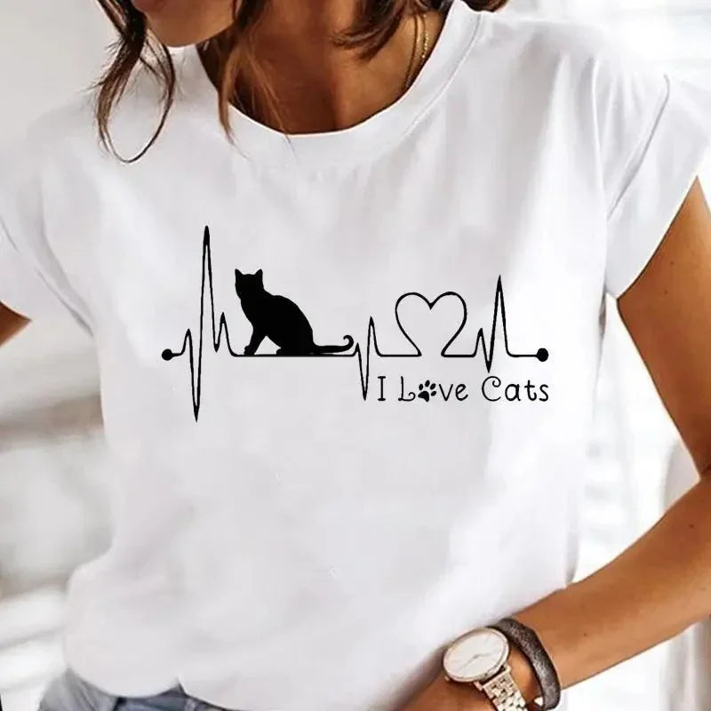 Women's White Black Cat Print Short Sleeve T-Shirt