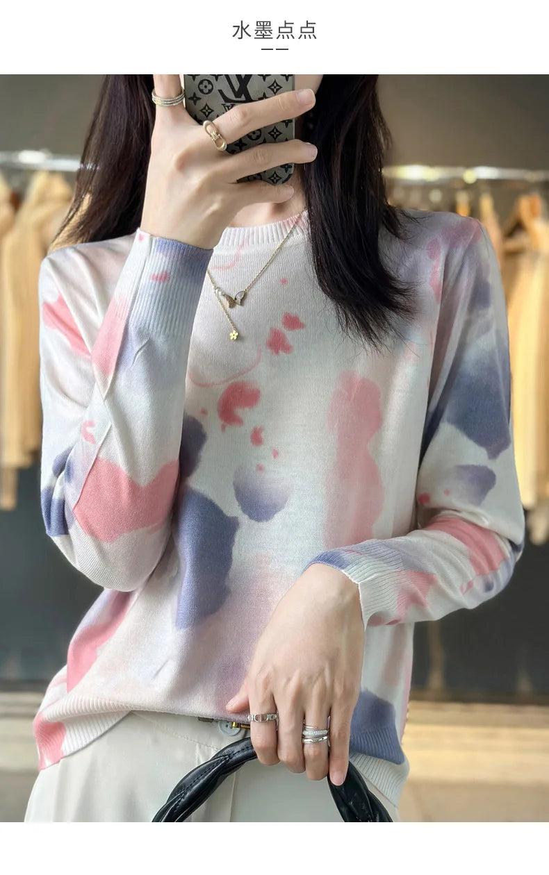 Women’s Wool & Silk Printed Sweater – Loose Fit Round Neck Knit Top
