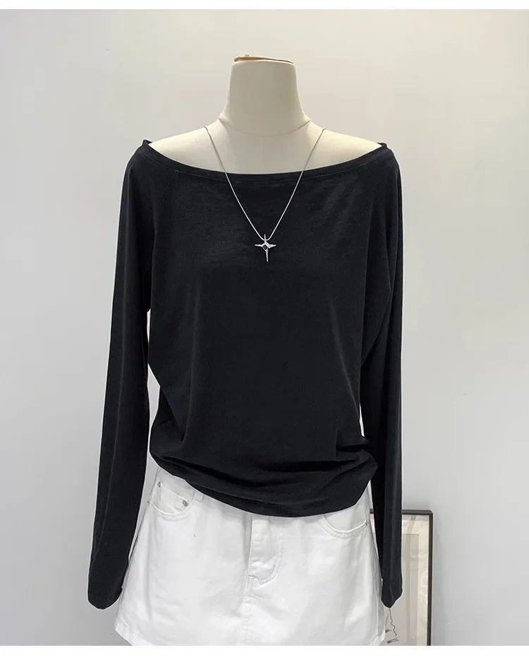 Women’s Off-Shoulder Cotton Long Sleeve T-Shirt