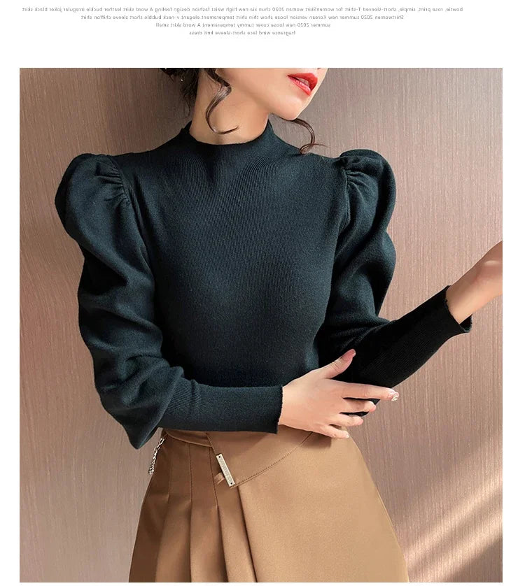Women’s Puff Sleeve Turtleneck Slim Fit Sweater