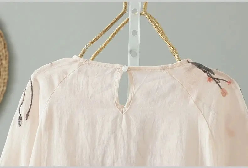 Women's Cotton Linen Embroidered Top – Summer Loose Fit T-Shirt with 3/4 Sleeves