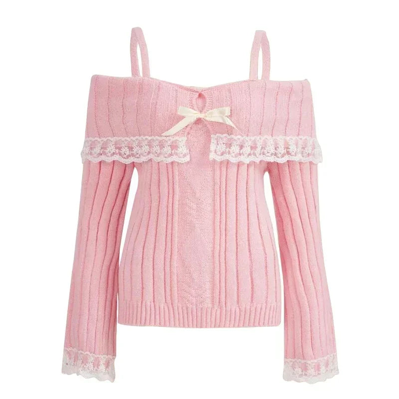 Women’s Off-Shoulder Pink Knit Sweater
