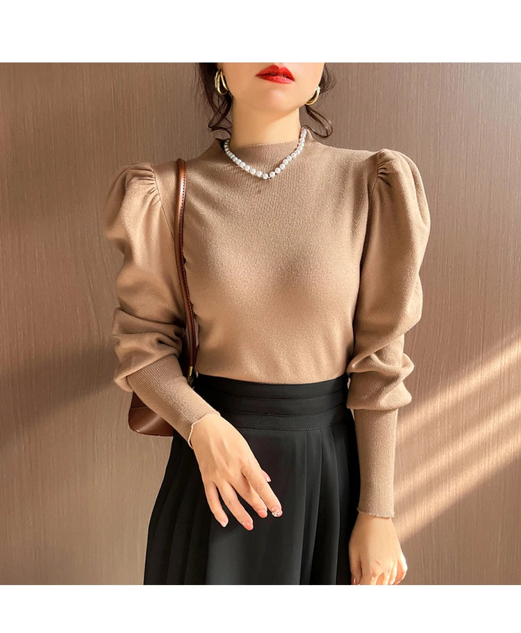 Women’s Puff Sleeve Turtleneck Slim Fit Sweater