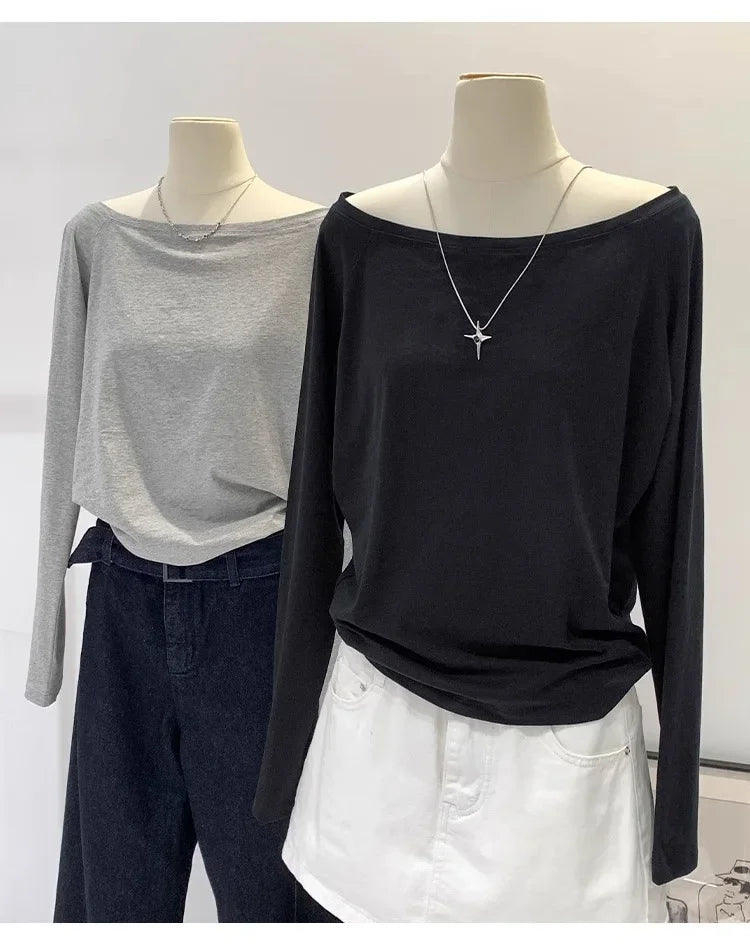 Women’s Off-Shoulder Cotton Long Sleeve T-Shirt