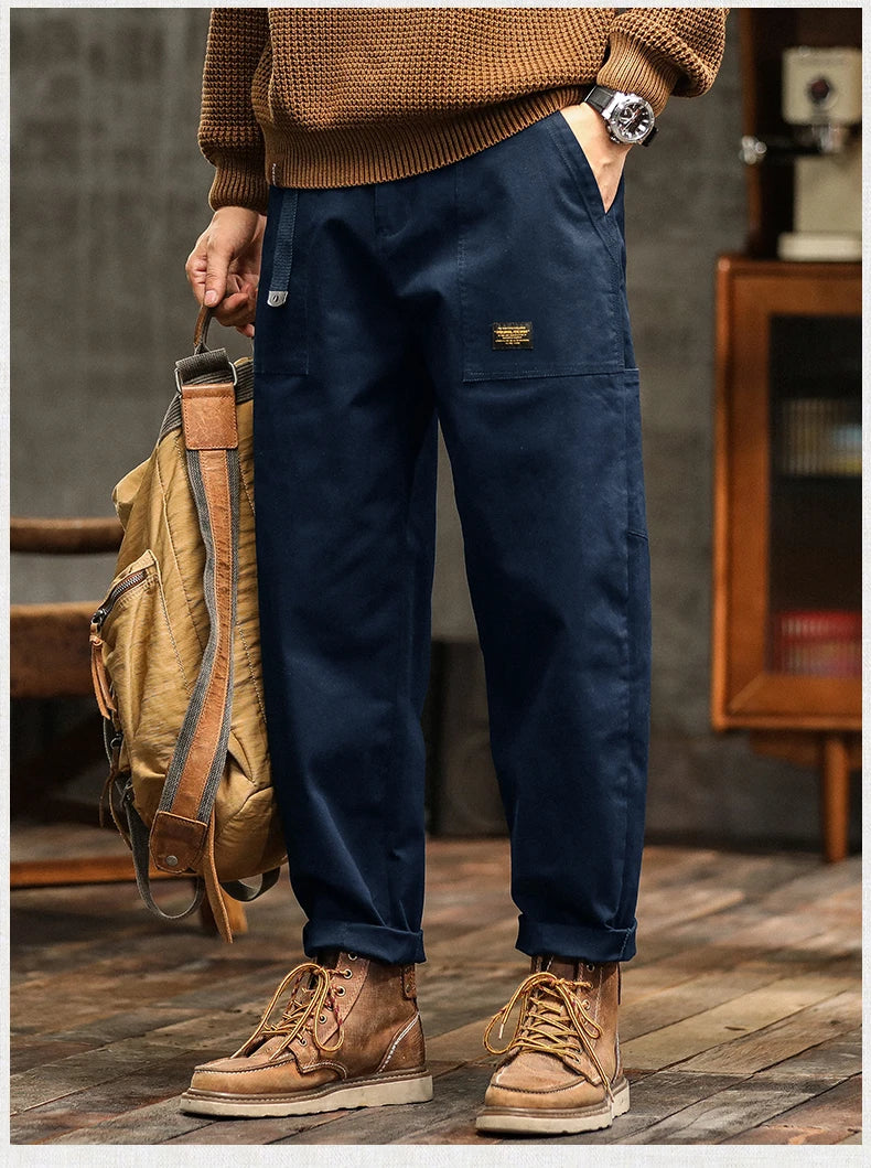 Men’s Cotton Cargo Pants – Loose Fit Mid-Waist Joggers with Belt