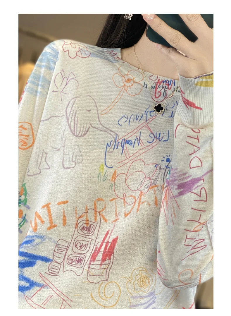 Women’s Wool & Silk Printed Sweater – Loose Fit Round Neck Knit Top