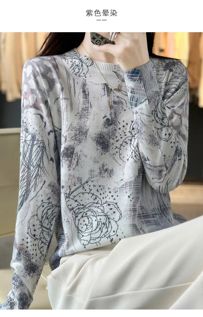 Women’s Wool & Silk Printed Sweater – Loose Fit Round Neck Knit Top