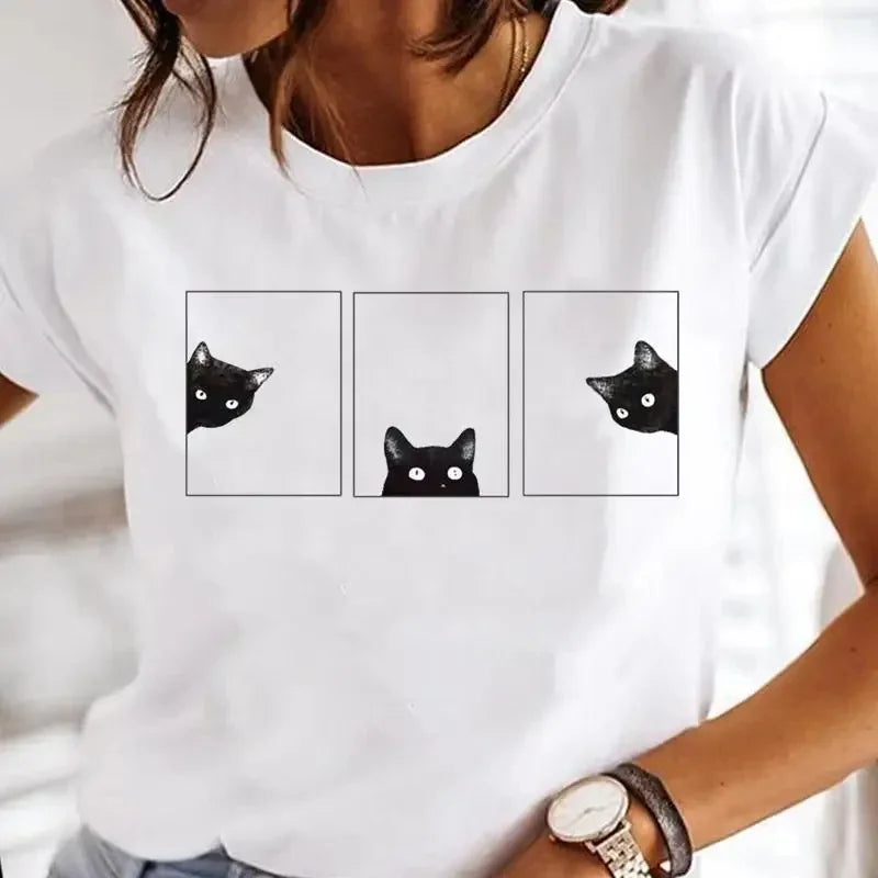 Women's White Black Cat Print Short Sleeve T-Shirt