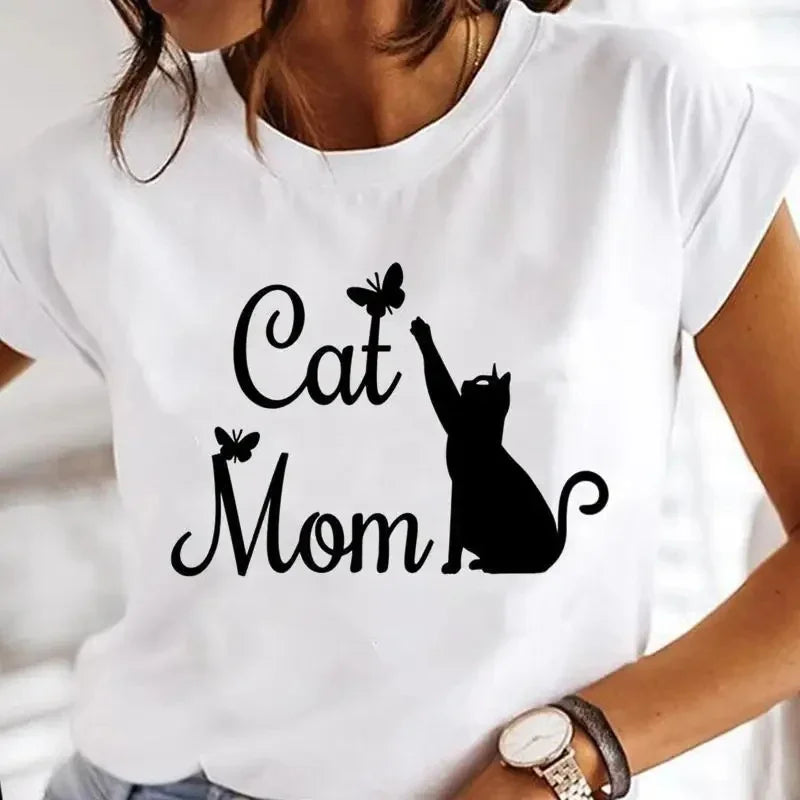 Women's White Black Cat Print Short Sleeve T-Shirt