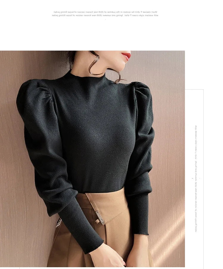 Women’s Puff Sleeve Turtleneck Slim Fit Sweater