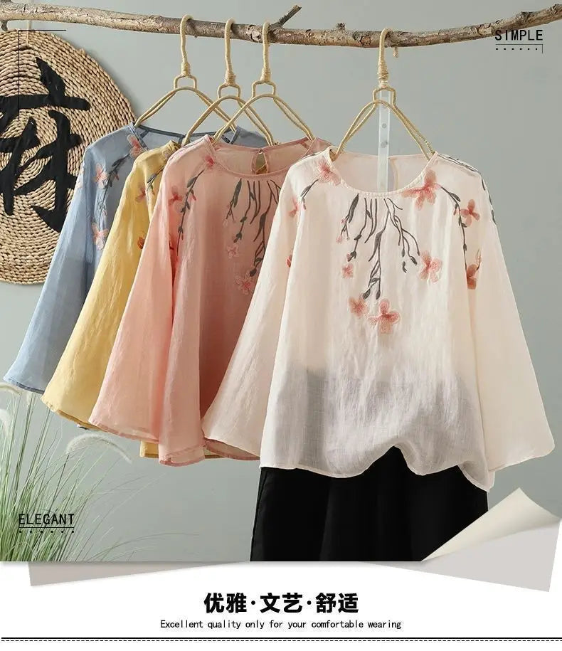 Women's Cotton Linen Embroidered Top – Summer Loose Fit T-Shirt with 3/4 Sleeves