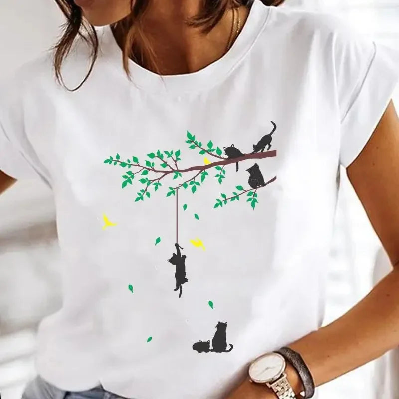 Women's White Black Cat Print Short Sleeve T-Shirt