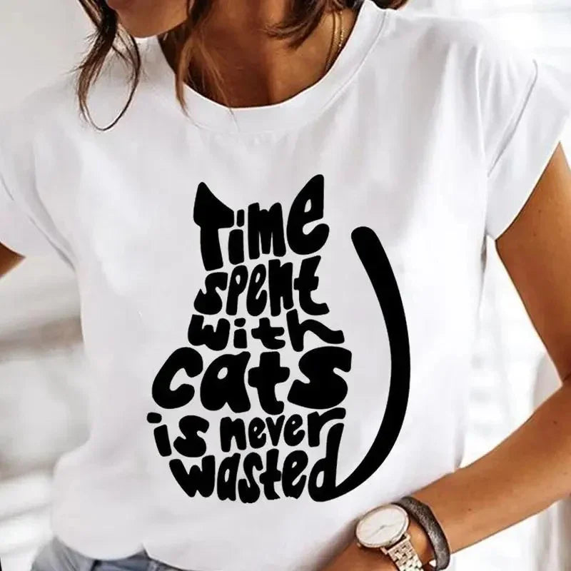Women's White Black Cat Print Short Sleeve T-Shirt
