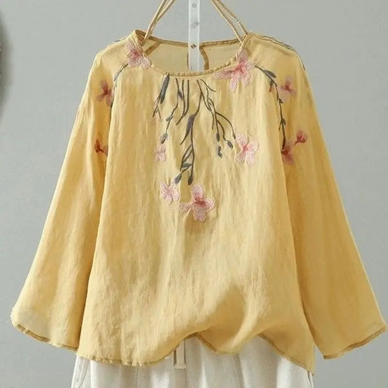 Women's Cotton Linen Embroidered Top – Summer Loose Fit T-Shirt with 3/4 Sleeves
