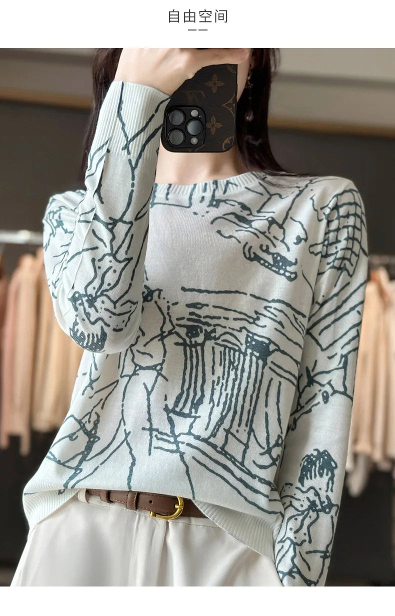 Women’s Wool & Silk Printed Sweater – Loose Fit Round Neck Knit Top