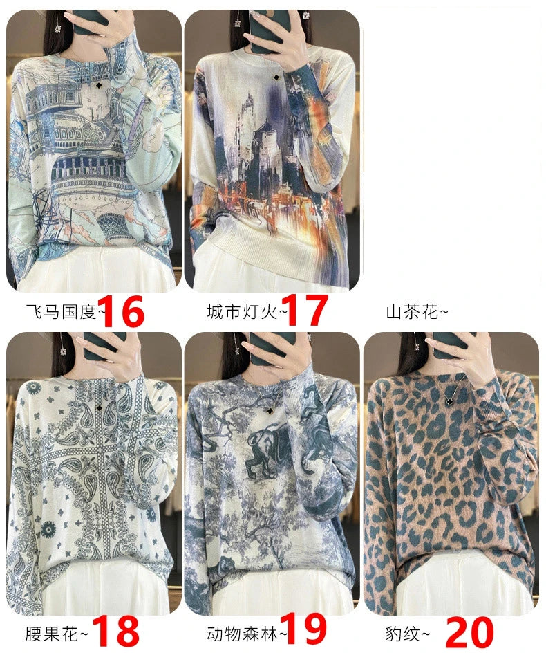 Women’s Wool & Silk Printed Sweater – Loose Fit Round Neck Knit Top