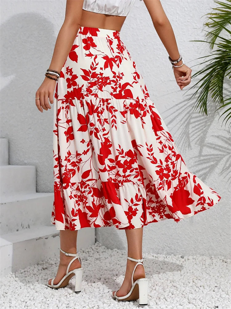 Fairyshely Red Leaf Print High Waist Midi Skirt for Women