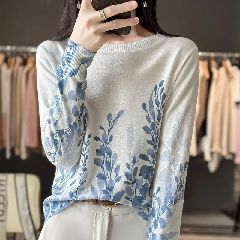 Women’s Wool & Silk Printed Sweater – Loose Fit Round Neck Knit Top
