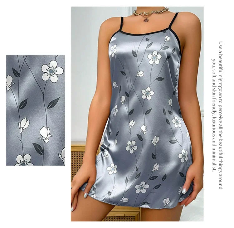 Floral Satin Sleeveless Nightgown for Women