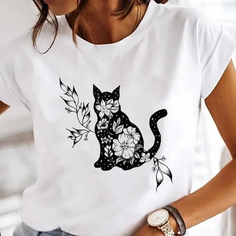 Women's White Black Cat Print Short Sleeve T-Shirt
