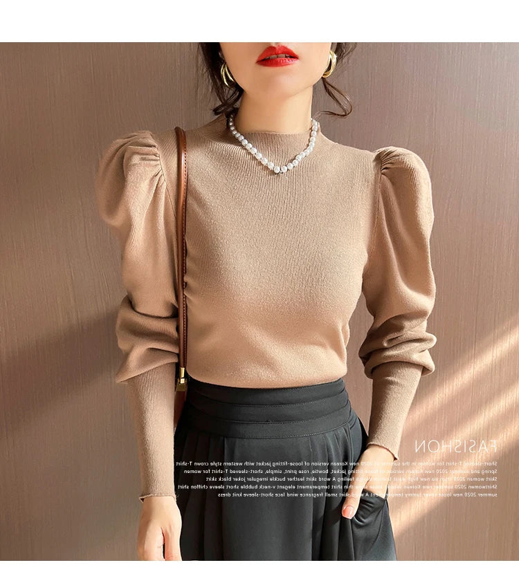 Women’s Puff Sleeve Turtleneck Slim Fit Sweater