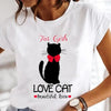 Women's White Black Cat Print Short Sleeve T-Shirt