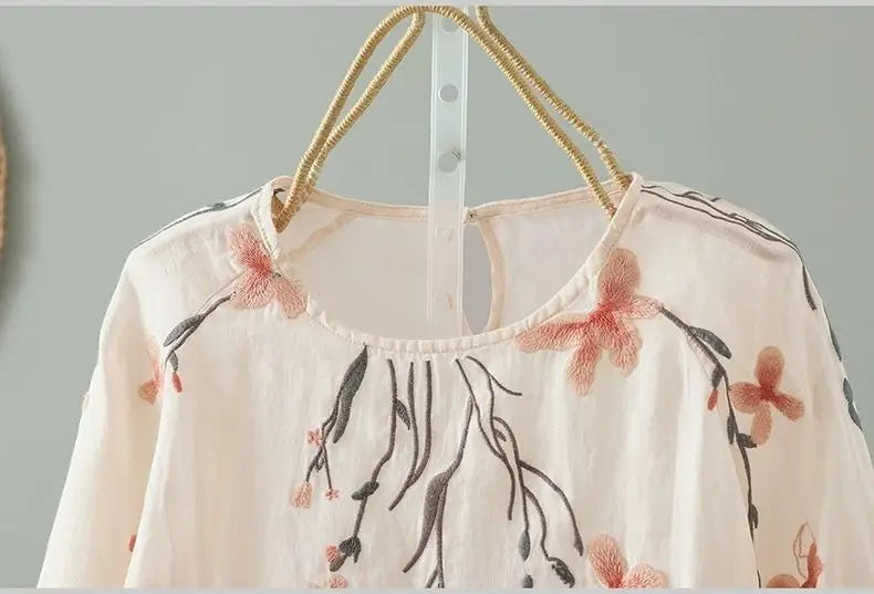 Women's Cotton Linen Embroidered Top – Summer Loose Fit T-Shirt with 3/4 Sleeves