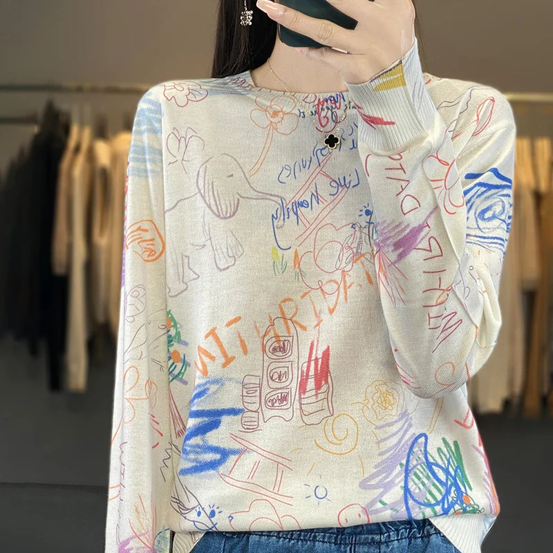 Women’s Wool & Silk Printed Sweater – Loose Fit Round Neck Knit Top