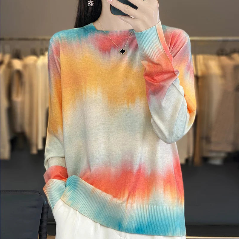 Women’s Wool & Silk Printed Sweater – Loose Fit Round Neck Knit Top